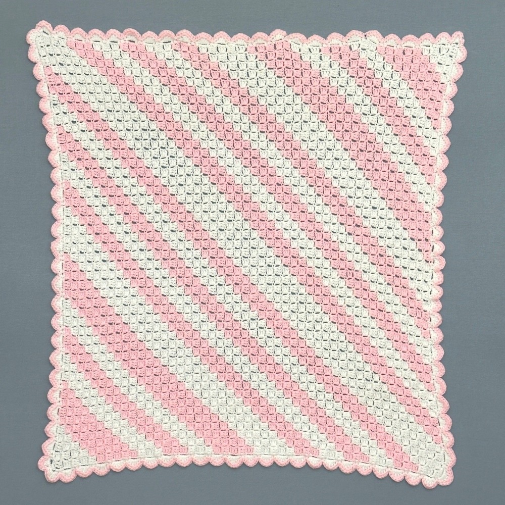 VTV Handmade Crochet Baby Blanket Pink White Diagonal Stripe Scalloped 39x41